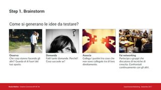 Nicola Mattina - Creative Commons BY NC SA Experimental Marketing - Settembre 2017
Step 1. Brainstorm
Come si generano le idee da testare?
Osserva
Che cosa stanno facendo gli
altri? Guarda al di fuori del
tuo spazio.
Domanda
FaJ tante domande. Perché?
Cosa succede se?
Associa
Collega i pun&ni tra cose che
non sono collegate tra di loro
direLamente.
Fai networking
Partecipa a gruppi che
discutono di tecniche di
crescita. Confronta&
con&nuamente con gli altri.
 