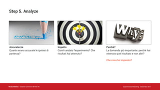Nicola Mattina - Creative Commons BY NC SA Experimental Marketing - Settembre 2017
Accuratezza
Quanto erano accurate le ipotesi di
partenza?
Impatto
Com’è andato l’esperimento? Che
risultati hai ottenuto?
Perché?
La domanda più importante: perché hai
ottenuto quel risultato e non altri?
Che cosa ho imparato?
Step 5. Analyze
 