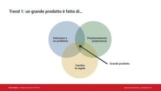 Nicola Mattina - Creative Commons BY NC SA Experimental Marketing - Settembre 2017
Trend 1: un grande prodotto è fatto di…
Cambia
le regole
Posizionamento
(esperienza)
Soluzione a
un problema
Grande prodotto
 