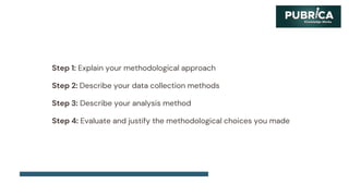 Step 1: Explain your methodological approach
Step 2: Describe your data collection methods
Step 3: Describe your analysis method
Step 4: Evaluate and justify the methodological choices you made
 