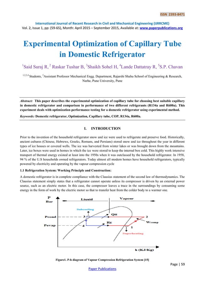 Experimental Optimization of Capillary Tube in Domestic Refrigerator PDF