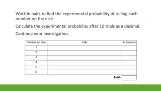 Work in pairs to find the experimental probability of rolling each
number on the dice.
Calculate the experimental probability after 10 trials as a decimal.
Continue your investigation.
 