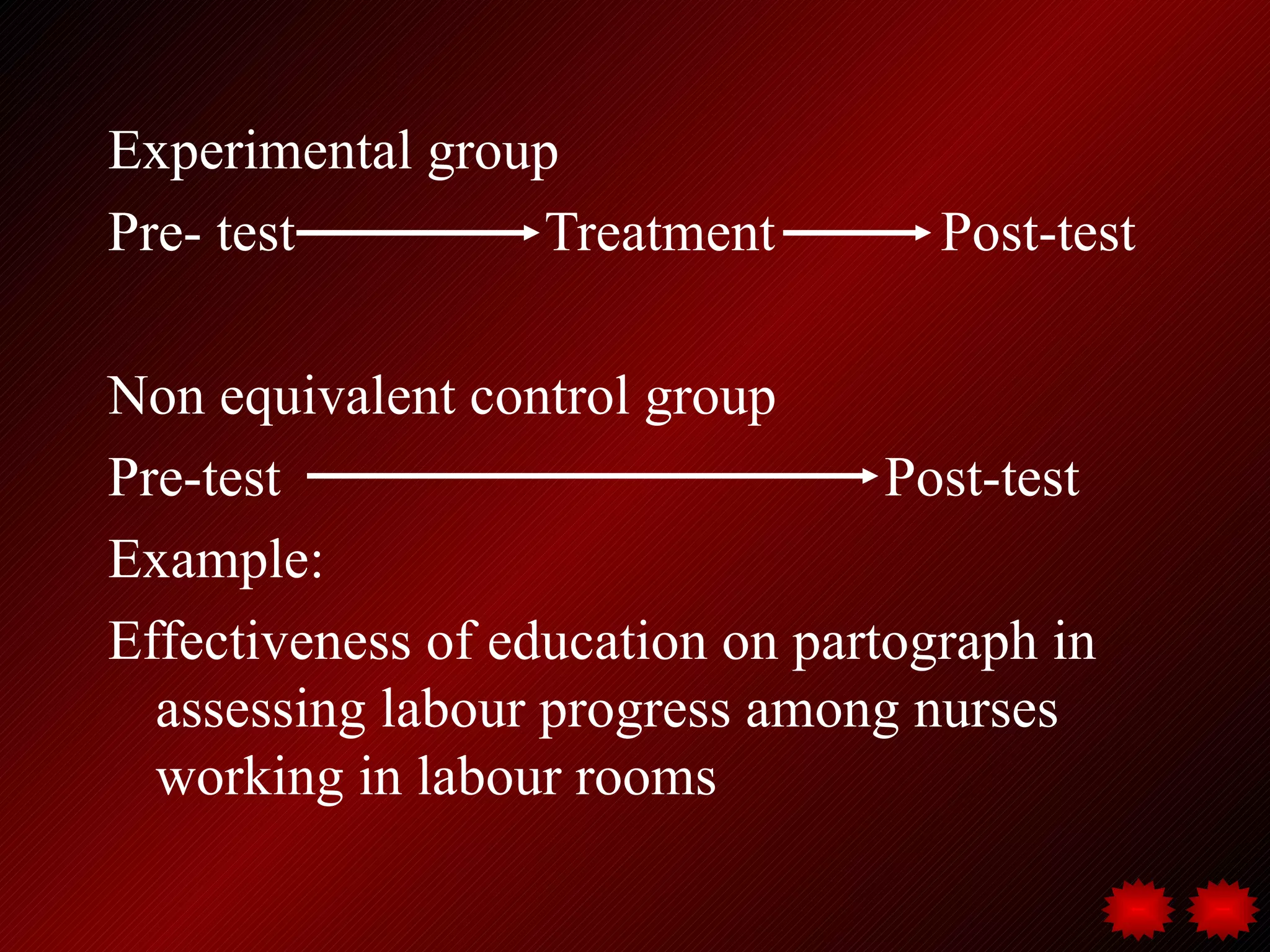 Experimental group
Pre- test        Treatment          Post-test

Non equivalent control group
Pre-test                          Post-test
Example:
Effectiveness of education on partograph in
  assessing labour progress among nurses
  working in labour rooms
 