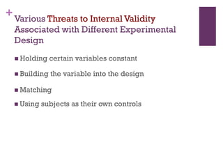 +Various Threats to Internal Validity
Associated with Different Experimental
Design
 Holding certain variables constant
 Building the variable into the design
 Matching
 Using subjects as their own controls
 