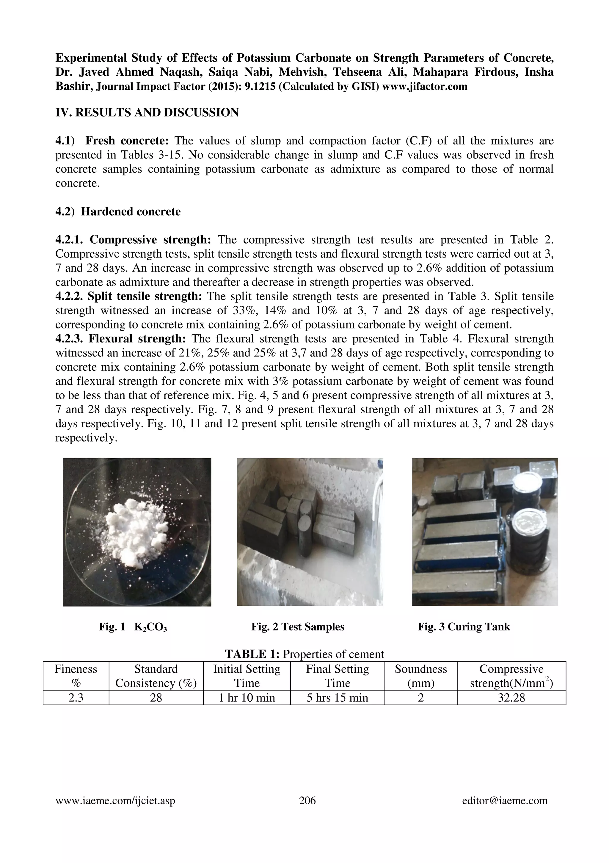 Experimental Study of Effects of Potassium Carbonate on Strength Parameters of Concrete,
Dr. Javed Ahmed Naqash, Saiqa Nabi, Mehvish, Tehseena Ali, Mahapara Firdous, Insha
Bashir, Journal Impact Factor (2015): 9.1215 (Calculated by GISI) www.jifactor.com
www.iaeme.com/ijciet.asp 206 editor@iaeme.com
IV. RESULTS AND DISCUSSION
4.1) Fresh concrete: The values of slump and compaction factor (C.F) of all the mixtures are
presented in Tables 3-15. No considerable change in slump and C.F values was observed in fresh
concrete samples containing potassium carbonate as admixture as compared to those of normal
concrete.
4.2) Hardened concrete
4.2.1. Compressive strength: The compressive strength test results are presented in Table 2.
Compressive strength tests, split tensile strength tests and flexural strength tests were carried out at 3,
7 and 28 days. An increase in compressive strength was observed up to 2.6% addition of potassium
carbonate as admixture and thereafter a decrease in strength properties was observed.
4.2.2. Split tensile strength: The split tensile strength tests are presented in Table 3. Split tensile
strength witnessed an increase of 33%, 14% and 10% at 3, 7 and 28 days of age respectively,
corresponding to concrete mix containing 2.6% of potassium carbonate by weight of cement.
4.2.3. Flexural strength: The flexural strength tests are presented in Table 4. Flexural strength
witnessed an increase of 21%, 25% and 25% at 3,7 and 28 days of age respectively, corresponding to
concrete mix containing 2.6% potassium carbonate by weight of cement. Both split tensile strength
and flexural strength for concrete mix with 3% potassium carbonate by weight of cement was found
to be less than that of reference mix. Fig. 4, 5 and 6 present compressive strength of all mixtures at 3,
7 and 28 days respectively. Fig. 7, 8 and 9 present flexural strength of all mixtures at 3, 7 and 28
days respectively. Fig. 10, 11 and 12 present split tensile strength of all mixtures at 3, 7 and 28 days
respectively.
Fig. 1 K2CO3 Fig. 2 Test Samples Fig. 3 Curing Tank
TABLE 1: Properties of cement
Fineness
%
Standard
Consistency (%)
Initial Setting
Time
Final Setting
Time
Soundness
(mm)
Compressive
strength(N/mm2
)
2.3 28 1 hr 10 min 5 hrs 15 min 2 32.28
 