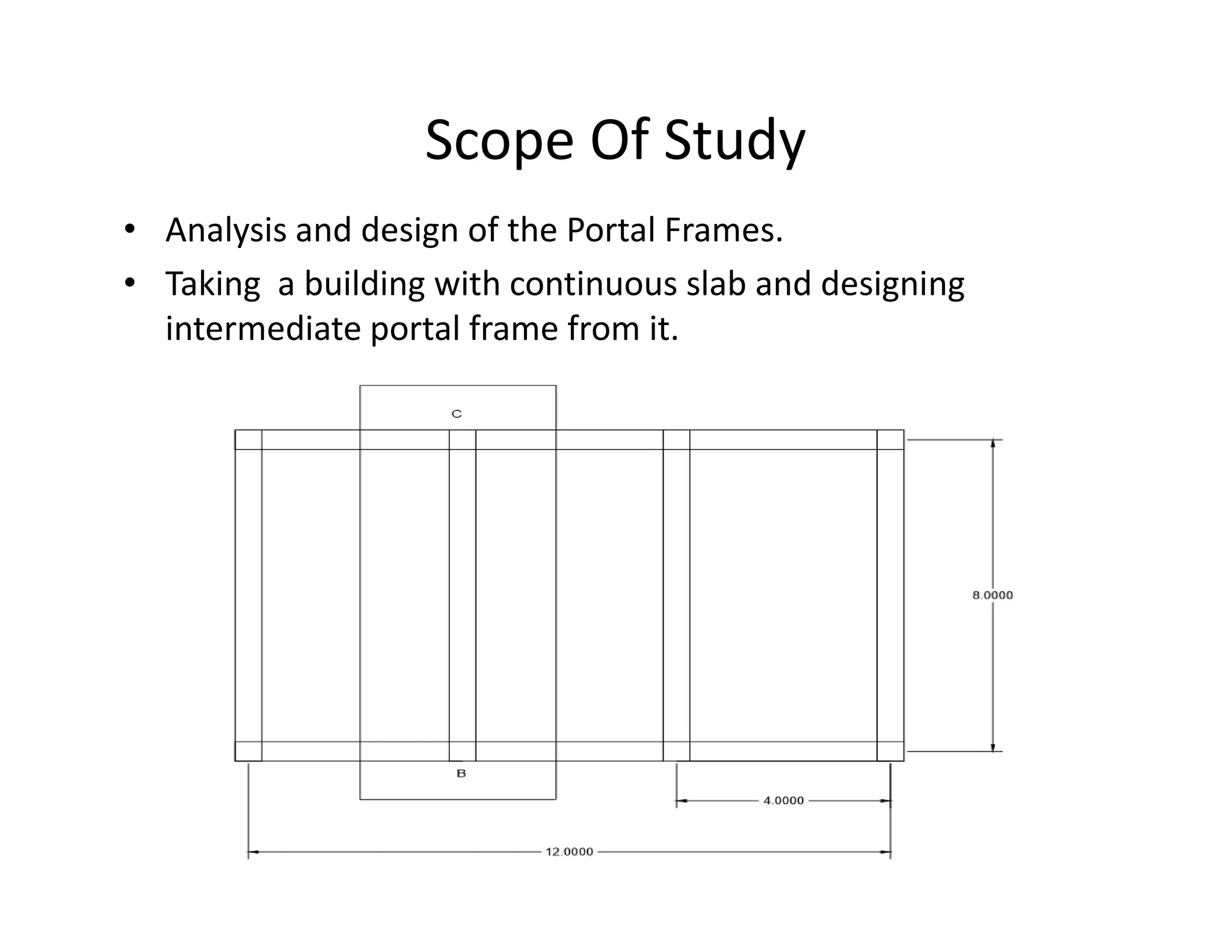 Scope Of Study
• Analysis and design of the Portal Frames.
• Taking a building with continuous slab and designing
intermediate portal frame from it.
 
