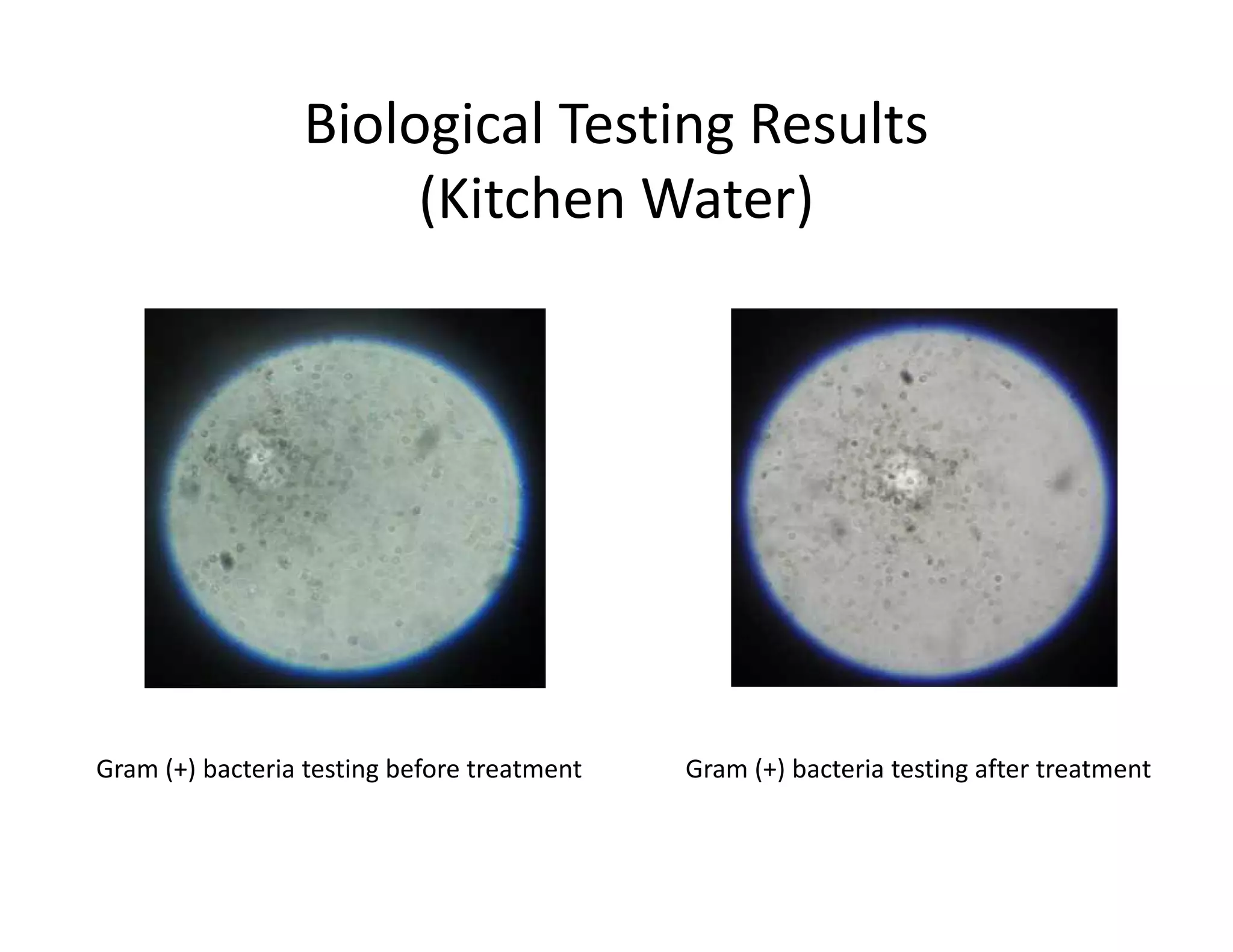 Biological Testing Results
(Kitchen Water)
Gram (+) bacteria testing after treatmentGram (+) bacteria testing before treatment
 