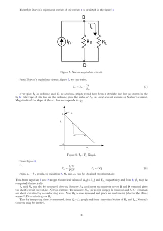 Therefore Norton’s equivalent circuit of the circuit 1 is depicted in the ﬁgure 5
Figure 5: Norton equivalent circuit.
From Norton’s equivalent circuit, ﬁgure 5, we can write,
IL = In −
VL
Rn
(7)
If we plot IL as ordinate and VL as abscissa, graph would have been a straight line line as shown in the
ﬁg 6. Intercept of this line on the ordinate gives the value of In, i.e. short-circuit current or Norton’s current.
Magnitude of the slope of the st. line corresponds to 1
Rn
IL
VL
In
Figure 6: IL- VL Graph.
From ﬁgure 6
∴
Rn =
MN
PM
; In = OQ (8)
From IL − VL graph, by equation 8, Rn and In can be obtained experimentally.
Thus from equation 1 and 2 we get theoretical values of Rth(=Rn) and Vth respectively and from 6, In may be
computed theoretically.
In and Rn can also be measured directly. Remove RL and insert an ammeter across B and D terminal gives
the short-circuit current,i.e. Norton current. To measure Rn, the power supply is removed and A, C terminals
are short circuited by a conducting wire. Now RL is also removed and place an multimeter (dial in the Ohm)
across B,D terminals gives Rn.
Thus by comparing directly measured, from VL −IL graph and from theoretical values of Rn and In, Norton’s
theorem may be veriﬁed.
3
 
