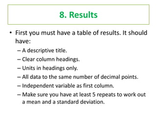 8. Results
• First you must have a table of results. It should
have:
– A descriptive title.
– Clear column headings.
– Uni...