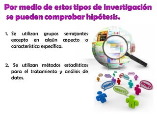 1. Se utilizan grupos semejantes
excepto en algún aspecto o
característica específica.
2, Se utilizan métodos estadísticos
para el tratamiento y análisis de
datos.
 