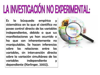 Es la búsqueda empírica y
sistemática en la que el científico no
posee control directo de las variables
independientes, debido a que sus
manifestaciones ya han ocurrido o
ha que son inherentemente no
manipulables. Se hacen inferencias
sobre las relaciones entre las
variables, sin intervención directa
sobre la variación simultánea de las
variables independiente y
dependiente (Kerlinger, 2002).
 