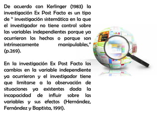De acuerdo con Kerlinger (1983) la
investigación Ex Post Facto es un tipo
de “ investigación sistemática en la que
el investigador no tiene control sobre
las variables independientes porque ya
ocurrieron los hechos o porque son
intrínsecamente manipulables,”
(p.269).
En la investigación Ex Post Facto los
cambios en la variable independiente
ya ocurrieron y el investigador tiene
que limitarse a la observación de
situaciones ya existentes dada la
incapacidad de influir sobre las
variables y sus efectos (Hernández,
Fernández y Baptista, 1991).
 