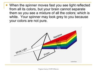 When the spinner moves fast you see light reflected from all its colors, but your brain cannot separate them so you see a mixture of all the colors; which is white.  Your spinner may look grey to you because your colors are not pure.  