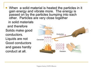 When  a solid material is heated the particles in it gain energy and vibrate more.  The energy is passed on by the particles bumping into each other.  Particles are very close together  in solid materials  and therefore  Solids make good  conductors. Liquids are not  Good conductors  and gases hardly conduct at all.   