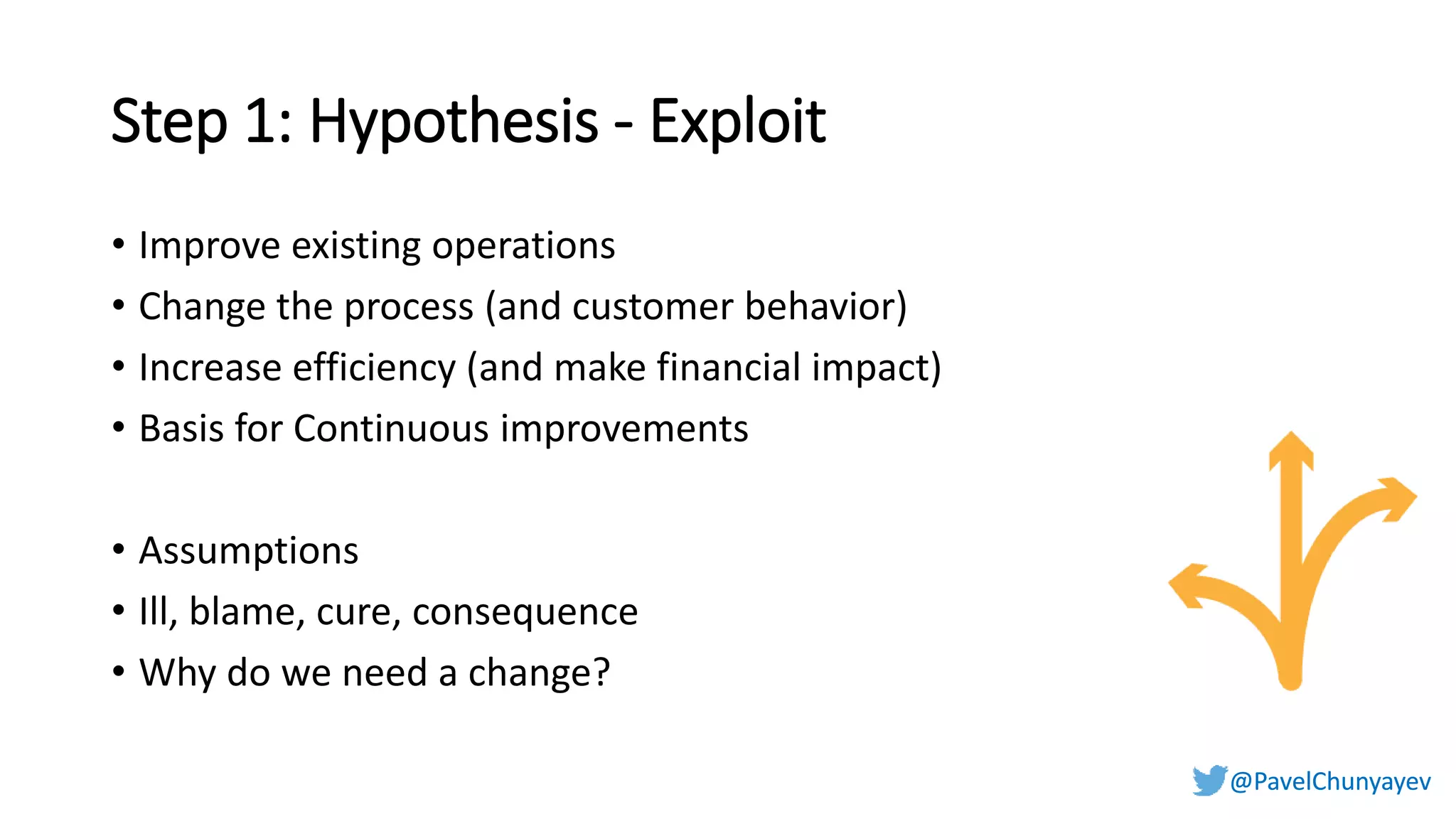 @PavelChunyayev@PavelChunyayev
Step 1: Hypothesis - Exploit
• Improve existing operations
• Change the process (and customer behavior)
• Increase efficiency (and make financial impact)
• Basis for Continuous improvements
• Assumptions
• Ill, blame, cure, consequence
• Why do we need a change?
 