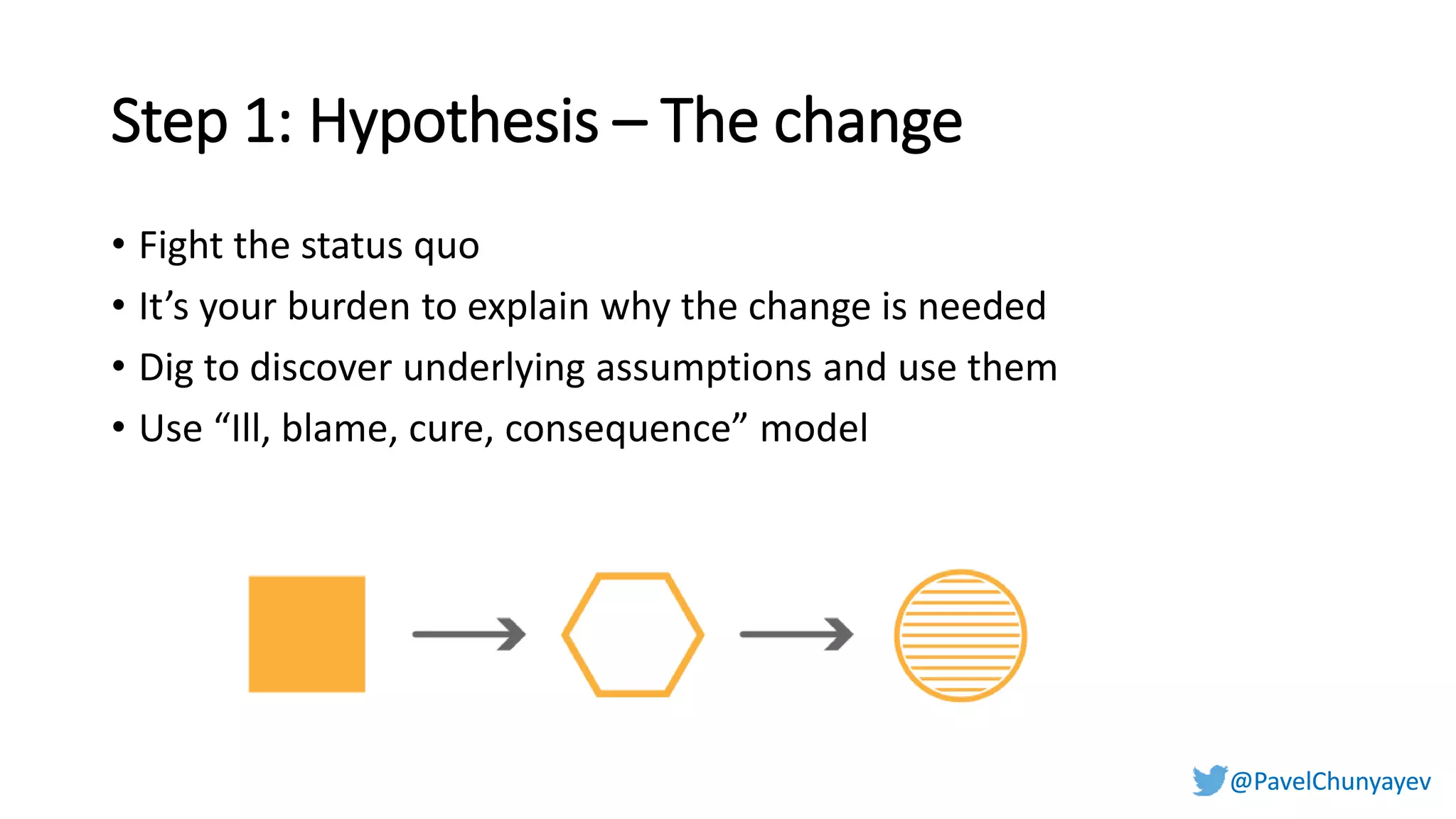 @PavelChunyayev@PavelChunyayev
Step 1: Hypothesis – The change
• Fight the status quo
• It’s your burden to explain why the change is needed
• Dig to discover underlying assumptions and use them
• Use “Ill, blame, cure, consequence” model
 