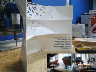 Acrílico translúcido 0,5 mm, cola superciano, PVA branco, tinta acrílica com brilho, pincel, flanela, marcador, papel, solvente, madeira, papelão, chave de fenda pequena  