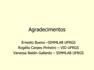 Agradecimentos 
Ernesto Bueno –SIMMLAB UFRGS 
Rogélio Carpes Pinheiro – VID UFRGS 
Vanessa Baldin Gallardo – SIMMLAB UFRGS 