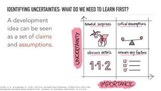A development
idea can be seen
as a set of claims
and assumptions.
IDENTIFYING UNCERTAINTIES: WHAT DO WE NEED TO LEARN FIRST?
S Y K E S , H . B . , & D U N H A M , D . ( 1 9 9 5 ) . C R I T I C A L A S S U M P T I O N P L A N N I N G : A P R A C T I C A L T O O L F O R
M A N A G I N G B U S I N E S S D E V E L O P M E N T R I S K . J O U R N A L O F B U S I N E S S V E N T U R I N G , 1 0 , 4 1 3 - 4 2 4 .
 