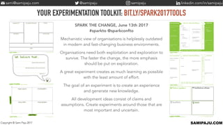 YOUR EXPERIMENTATION TOOLKIT: BIT.LY/SPARK2017TOOLS
SAMIPAJU.COMCopyright © Sami Paju 2017
Idea Canvas
This Idea Canvas is originally published in www.kehitakokeillen.ﬁ
and licensed under a Creative Commons Attribution-ShareAlike 4.0 International license:
http://creativecommons.org/licenses/by-sa/4.0/.
[target market / target users]
[will behave like this / will use the solution]
[because...]
Hypothesis Template
This Hypothesis Template is originally published in www.kehitakokeillen.ﬁ
and licensed under a Creative Commons Attribution-ShareAlike 4.0 International license:
http://creativecommons.org/licenses/by-sa/4.0/.
Uncertainty Matrix
This Uncertainty Matrix is originally published in www.kehitakokeillen.ﬁ
and licensed under a Creative Commons Attribution-ShareAlike 4.0 International license:
http://creativecommons.org/licenses/by-sa/4.0/.
Hypothesis
Notes
Notes
Notes
+ Where?
+ When?
+ Who will bring what
to the meeting?
+ Who?
+ How many?
+ How do we recruit them?
+ Responsible person
+ Where? Place
+ When?
Starting & ending dates
+ What? Tasks
+ Who? Responsible person
Item 1 + responsible person
Item 2 + responsible person
Item 3 + responsible person
+ How? Method
+ Where? Place
+ When?
+ Who? Responsible person
Execution:
We want to learn:
This is important for our
developmentidea,because:
This is important right now,
because:
Reﬂection meeting:
We will have learnt enough
when:
Preparingtheexperimentsetup:
Participants:
Required materials, props,
prototypes, etc.:
Collecting feedback:
purpose of the experiment
Task 1 + responsible person
Task 2 + responsible person
Task 3 + responsible person
Experimentation Plan
This Experimentation Plan is originally published in www.kehitakokeillen.ﬁ
and licensed under a Creative Commons Attribution-ShareAlike 4.0 International license:
http://creativecommons.org/licenses/by-sa/4.0/.
Execution:
We want to learn:
This is important for our
developmentidea,because:
This is important right now,
because:
Reﬂection meeting:
We will have learnt enough
when:
Preparingtheexperimentsetup:
Participants:
Required materials, props,
prototypes, etc.:
Collecting feedback:
Experimentation Plan
This Experimentation Plan is originally published in www.kehitakokeillen.ﬁ
and licensed under a Creative Commons Attribution-ShareAlike 4.0 International license:
http://creativecommons.org/licenses/by-sa/4.0/.
purpose of the experiment
Feedback Form
This Feedback Form is originally published in www.kehitakokeillen.ﬁ
and licensed under a Creative Commons Attribution-ShareAlike 4.0 International license:
http://creativecommons.org/licenses/by-sa/4.0/.
SPARK THE CHANGE, June 13th 2017 
#sparkto @sparkconfto
Mechanistic view of organisations is helplessly outdated
in modern and fast-changing business environments.
Organisations need both exploitation and exploration to
survive. The faster the change, the more emphasis
should be put on exploration.
A great experiment creates as much learning as possible
with the least amount of effort.
The goal of an experiment is to create an experience
and generate new knowledge.
All development ideas consist of claims and
assumptions. Create experiments around those that are
most important and uncertain.
sami@samipaju.com linkedin.com/in/samipaju@samipaju samipaju
 