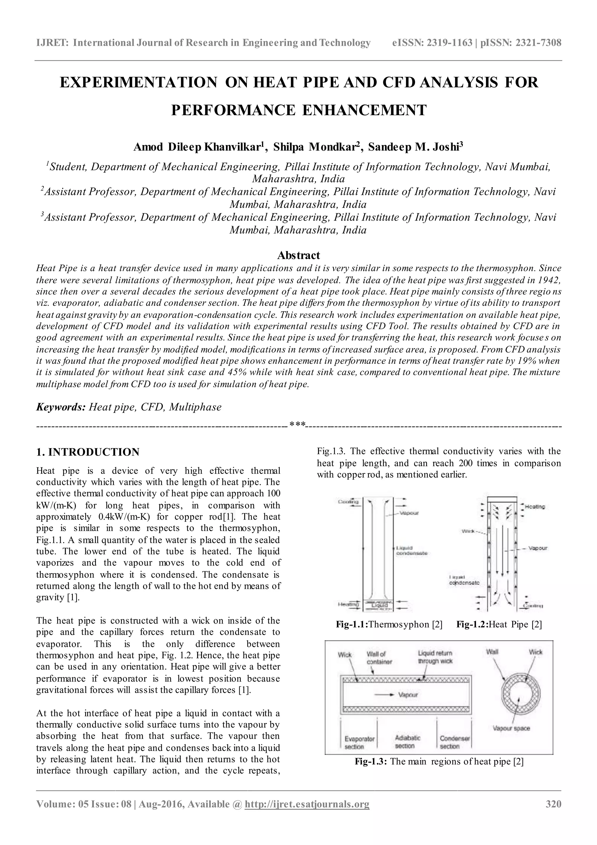 Experimentation on heat pipe and cfd analysis for performance ...