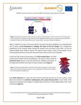                                                                         
                                                               
                                                               
                                                               
                                                               
                 NANOYOU Teachers Training Kit in Nanotechnologies for 14‐18 years scholars (Experiment Module) 
                                                                                                                                        
 
 
 
 
 
 
 
 
 

    Figure 4. Schematic representation of the structure transition of a thermotropic LC from the smetic to the nematic phase 
    as  the  temperature  is  increased.  (Image  credit:  own  work  adapted  from  Wiki  commons,  Creative  Commons  Attribution 
    ShareAlike 3.0 and from IPSE Educational resources “liquid crystals”, University of Wisconsin‐Madison.) 


What  is  important  to  note  is  that  some  specific  structural  and  optical  properties  are  associated  with 
each  LC  phase:  as  the  temperature  is  changed,  the  colour  of  the  LCs  changes.  Thus  changing  the 
temperature  of  the  material  allows  moving  the  material  from  one  phase  to  the  other,  so  that  the 
material  exhibits  these  different  colours.  This  type  of  liquid  crystal  is  used  in  thermometers  and  in 
miniaturised temperature sensors (for instance to locate short‐circuits on circuit boards). 
 
A particular type of liquid crystal phase is the chiral nematic phase. The chiral 
nematic  phase  exhibits  chirality  (handedness).  This  phase  is  often  called  the 
cholesteric phase because it was first observed for cholesterol derivatives. In 
this experiment students will analyse this type of liquid crystal (Figure 5). 
 
    Figure 5. Schematic representation of ordering in chiral liquid crystal phases: a chiral nematic 
    phase  (also  called  the  cholesteric  phase)  in  an  LC  (Image  credit:  Wiki  Commons,  Creative 
    Commons Attribution ShareAlike 3.0) 



 
Only  chiral  molecules  (i.e.,  those  that  lack  inversion  symmetry)  can  give  rise  to  such  a  phase.  In  this 
phase, the molecules are stacked in rotating layers, like a spiral staircase (helix). In each “step” of the 
staircase the molecules are arranged in a specific order, but there is a finite angle between each “step” 
and the next (Figure 6). 
 
 
 
    The research leading to these results has received funding from the European Community's Seventh Framework Programme 
                                         (FP7/2007‐2013) under grant agreement n° 233433 
                                                                      
                                                               Page 7 of 18 
 
 