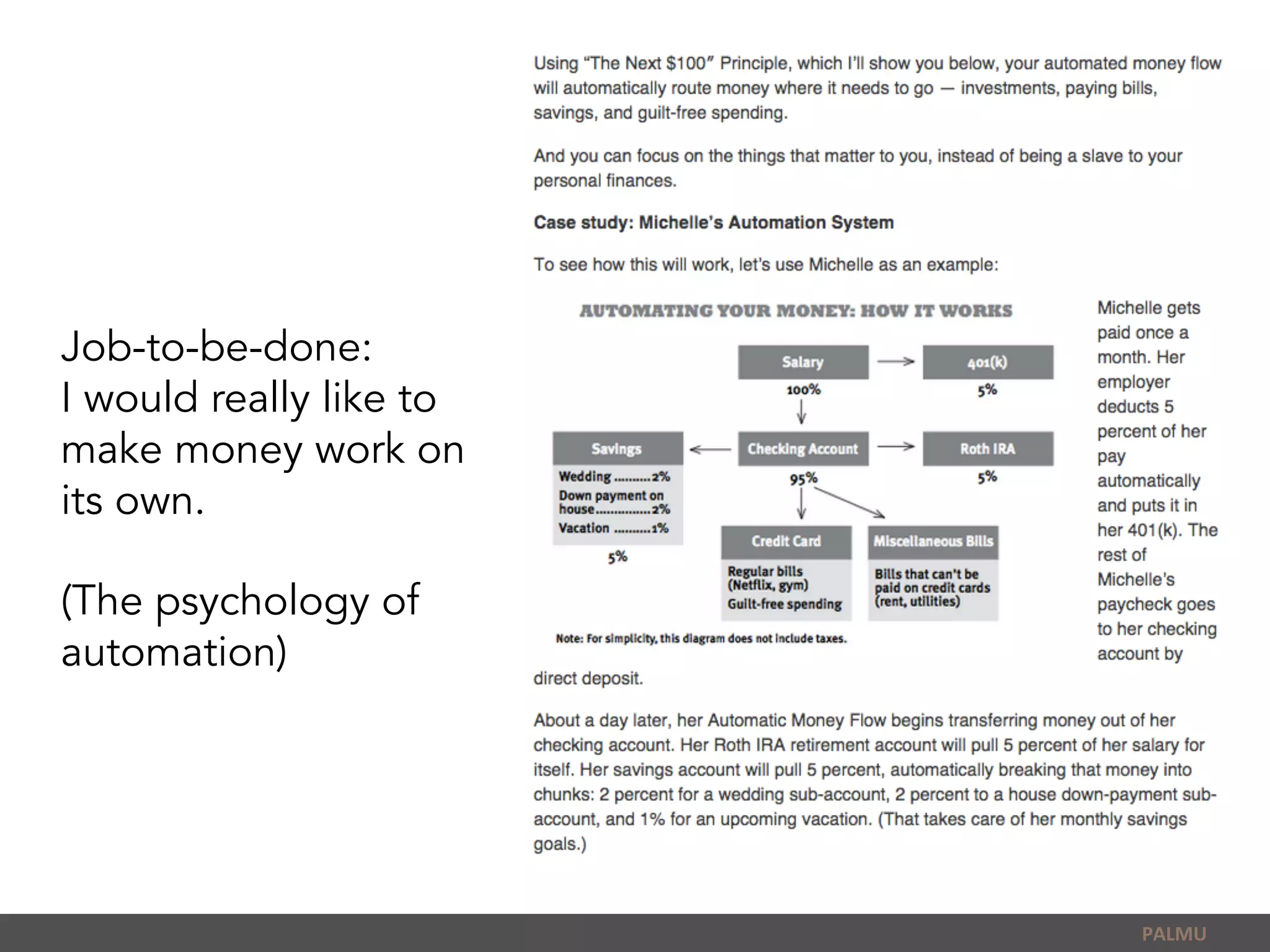  
Job-to-be-done:
I would really like to
make money work on
its own.
(The psychology of
automation)
PALMU	
  
 