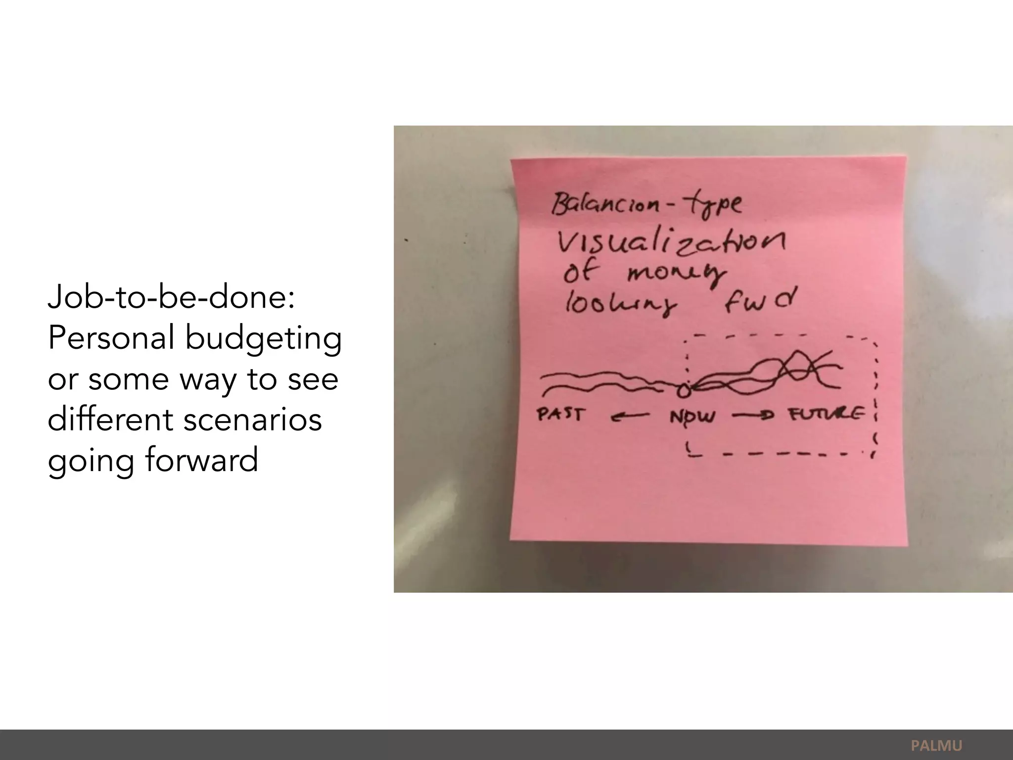Job-to-be-done:
Personal budgeting
or some way to see
different scenarios
going forward
PALMU	
  
 