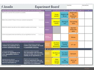 PALMU	
  
Sharing	
  of	
  
clothes	
  
Young	
  
women	
  
Are	
  there	
  
exis6ng	
  
behaviours?	
  
No	
  there	
  are	
  
not	
  
Older	
  
women	
  
though	
  
People	
  in	
  30s	
  
No	
  car	
  
Sharing	
  of	
  
cars	
  
Are	
  there	
  
exis6ng	
  
behaviours?	
  
Yes,	
  there	
  
are	
  some	
  
Not	
  
interes6ng	
  	
  
People	
  who	
  
live	
  
downtown	
  
w/	
  car	
  
Find	
  parking	
  
place	
  
App	
  that	
  
shows	
  free	
  
spots	
  
Money	
  
LP	
  +	
  ad	
  
Demand+	
  
Ads	
  in	
  car	
  
work	
  
 