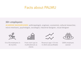 Facts about PALMU
0	
  to	
  50	
  employees	
  in	
  
36	
  months	
  
	
  
From	
  start-­‐ups	
  to	
  
mul6na6onals	
  as	
  
clients	
  
Revenue	
  appr.	
  €	
  6	
  mio	
  
in	
  2014	
  and	
  proﬁtable	
  
	
  
100%	
  employee	
  
owned	
  
	
  
50+	
  employees	
  
ACADEMIC	
  BACKGROUNDS:	
  anthropologist,	
  engineer,	
  economist,	
  cultural	
  researcher,	
  
micro-­‐mechanic,	
  psychologist,	
  sociologist,	
  industrial	
  designer,	
  visual	
  designer	
  
 