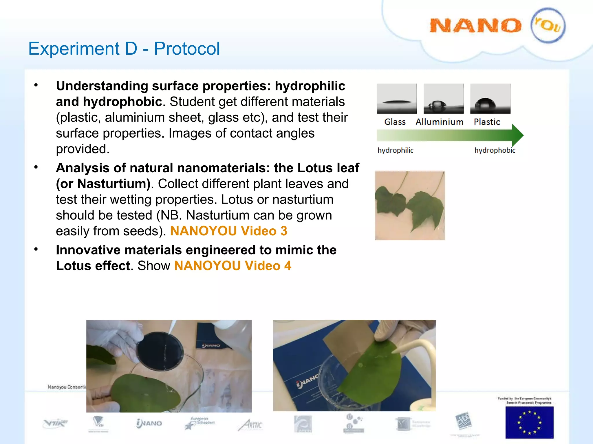Experiment D - Protocol Understanding surface properties: hydrophilic and hydrophobic . Student get different materials (plastic, aluminium sheet, glass etc), and test their surface properties. Images of contact angles provided. Analysis of natural nanomaterials: the Lotus leaf (or Nasturtium) . Collect different plant leaves and test their wetting properties. Lotus or nasturtium should be tested (NB. Nasturtium can be grown easily from seeds).  NANOYOU Video 3 Innovative materials engineered to mimic the Lotus effect . Show  NANOYOU Video 4 