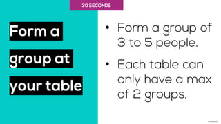 Form a
group at
your table
• Form a group of
3 to 5 people.
• Each table can
only have a max
of 2 groups.
30 SECONDS
©Adap...