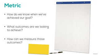 Metric
• How do we know when we’ve
achieved our goal?
• What outcomes are we looking
to achieve?
• How can we measure thos...