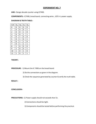 EXPERIMENT NO. 7
AIM:- Design decade counter using IC7490.

COMPONENTS:- IC7490, bread board, connecting wires , LED’s 4, power supply.

DIAGRAM & TRUTH TABLE:-

CLK   OA   OB   OC   OD
0     0    0    0    0
1     0    0    0    1
2     0    0    1    0
3     0    0    1    1
4     0    1    0    0
5     0    1    0    1
6     0    1    1    0
7     0    1    1    1
8     1    0    0    0
9     1    0    0    1
10    1    0    1    0
11    1    0    1    1


THEORY:-



PROCEDURE:- 1) Mount the IC 7490 on the bread board.

                2) Do the connections as given in the diagram.

                3) Check the sequence generated by counter & verify the truth table.

RESULT:-



CONCLUSION:-



PRECAUTIONS:- 1) Power supply should not exceeds than 5v.

                  2) Connections should be tight.

                  3) Components should be tested before performing the practical.
 