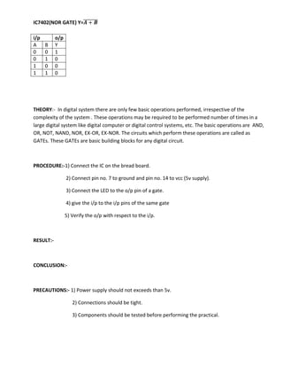 IC7402(NOR GATE) Y=

i/p        o/p
A     B    Y
0     0    1
0     1    0
1     0    0
1     1    0




THEORY:- In digital system there are only few basic operations performed, irrespective of the
complexity of the system . These operations may be required to be performed number of times in a
large digital system like digital computer or digital control systems, etc. The basic operations are AND,
OR, NOT, NAND, NOR, EX-OR, EX-NOR. The circuits which perform these operations are called as
GATEs. These GATEs are basic building blocks for any digital circuit.



PROCEDURE:-1) Connect the IC on the bread board.

                 2) Connect pin no. 7 to ground and pin no. 14 to vcc (5v supply).

                 3) Connect the LED to the o/p pin of a gate.

                 4) give the i/p to the i/p pins of the same gate

                 5) Verify the o/p with respect to the i/p.



RESULT:-



CONCLUSION:-



PRECAUTIONS:- 1) Power supply should not exceeds than 5v.

                    2) Connections should be tight.

                    3) Components should be tested before performing the practical.
 