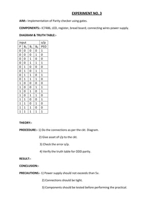 EXPERIMENT NO. 3
AIM:- Implementation of Parity checker using gates.

COMPONENTS:- IC7486, LED, register, bread board, connecting wires power supply.

DIAGRAM & TRUTH TABLE:-

input              o/p
P B2    B1   B0    PEO
0 0     0    0     1
0 0     0    1     0
0 0     1    0     0
0 0     1    1     1
0 1     0    0     0
0 1     0    1     1
0 1     1    0     1
0 1     1    1     0
1 0     0    0     0
1 0     0    1     1
1 0     1    0     1
1 0     1    1     0
1 1     0    0     1
1 1     0    1     0
1 1     1    0     0
1 1     1    1     1


THEORY:-

PROCEDURE:- 1) Do the connections as per the ckt. Diagram.

                  2) Give asset of i/p to the ckt.

                  3) Check the error o/p.

                  4) Verify the truth table for ODD parity.

RESULT:-

CONCLUSION:-

PRECAUTIONS:- 1) Power supply should not exceeds than 5v.

                    2) Connections should be tight.

                    3) Components should be tested before performing the practical.
 
