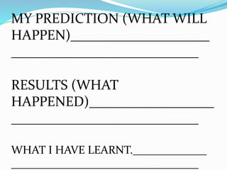 MY PREDICTION (WHAT WILL
HAPPEN)____________________
___________________________
RESULTS (WHAT
HAPPENED)__________________
___________________________
WHAT I HAVE LEARNT._____________
_________________________________
 