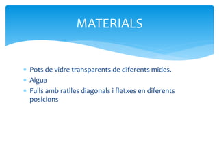  Pots de vidre transparents de diferents mides.
 Aigua
 Fulls amb ratlles diagonals i fletxes en diferents
posicions
 Fitxa
MATERIALS
 