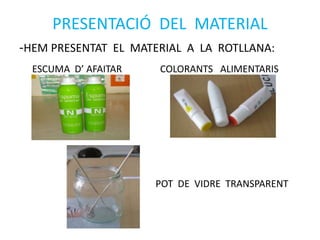 PRESENTACIÓ DEL MATERIAL
-HEM PRESENTAT EL MATERIAL A LA ROTLLANA:
ESCUMA D’ AFAITAR COLORANTS ALIMENTARIS
POT DE VIDRE TRANSPARENT
 