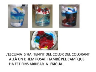L’ESCUMA S’HA TENYIT DEL COLOR DEL COLORANT
ALLÀ ON L’HEM POSAT I TAMBÉ PEL CAMÍ QUE
HA FET FINS ARRIBAR A L’AIGUA.
 