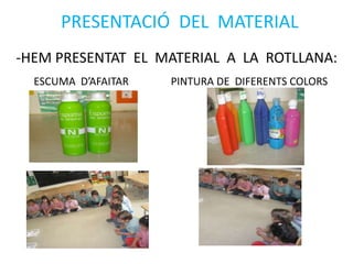 PRESENTACIÓ DEL MATERIAL
-HEM PRESENTAT EL MATERIAL A LA ROTLLANA:
ESCUMA D’AFAITAR PINTURA DE DIFERENTS COLORS
 