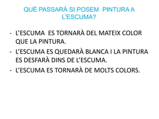 QUÈ PASSARÀ SI POSEM PINTURA A
L’ESCUMA?
- L’ESCUMA ES TORNARÀ DEL MATEIX COLOR
QUE LA PINTURA.
- L’ESCUMA ES QUEDARÀ BLANCA I LA PINTURA
ES DESFARÀ DINS DE L’ESCUMA.
- L’ESCUMA ES TORNARÀ DE MOLTS COLORS.
 