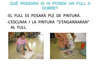 QUÈ PASSARÀ SI HI POSEM UN FULL A
SOBRE?
-EL FULL ES POSARÀ PLE DE PINTURA.
-L’ESCUMA I LA PINTURA “S’ENGANXARAN”
AL FULL.
 
