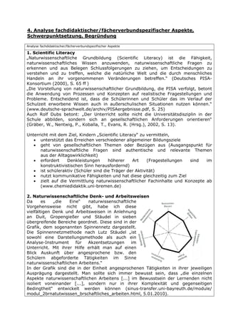 4. Analyse fachdidaktischer/fächerverbundspezifischer Aspekte,
Schwerpunktsetzung, Begründung

Analyse fachdidaktischer/fächerverbundspezifischer Aspekte

1. Scientific Literacy
„Naturwissenschaftliche Grundbildung (Scientific Literacy) ist die Fähigkeit,
naturwissenschaftliches Wissen anzuwenden, naturwissenschaftliche Fragen zu
erkennen und aus Belegen Schlussfolgerungen zu ziehen, um Entscheidungen zu
verstehen und zu treffen, welche die natürliche Welt und die durch menschliches
Handeln an ihr vorgenommenen Veränderungen betreffen.“ (Deutsches PISA-
Konsortium (2000), S. 65 ff )
„Die Vorstellung von naturwissenschaftlicher Grundbildung, die PISA verfolgt, betont
die Anwendung von Prozessen und Konzepten auf realistische Fragestellungen und
Probleme. Entscheidend ist, dass die Schülerinnen und Schüler das im Verlauf der
Schulzeit erworbene Wissen auch in außerschulischen Situationen nutzen können.“
(www.deutsche-sprachwelt.de/archiv/PISAergebnisse.pdf, S. 25)
Auch Rolf Dubs betont: „Der Unterricht sollte nicht die Universitätsdisziplin in der
Schule abbilden, sondern sich an gesellschaftlichen Anforderungen orientieren“
(Gräber, W., Nentwig, P., Koballa, T., Evans, R. (Hrsg.), 2002, S. 13).

Unterricht mit dem Ziel, Kindern „Scientific Literacy“ zu vermitteln,
   • unterstützt das Erreichen verschiedener allgemeiner Bildungsziele
   • geht von gesellschaftlichen Themen oder Bezügen aus (Ausgangspunkt für
      naturwissenschaftliche Fragen sind authentische und relevante Themen
      aus der Alltagswirklichkeit)
   • erfordert     Denkleistungen     höherer      Art    (Fragestellungen sind im
      konstruktivistischen Sinn herausfordernd)
   • ist schüleraktiv (Schüler sind die Träger der Aktivität)
   • nutzt kommunikative Fähigkeiten und hat diese gleichzeitig zum Ziel
   • zielt auf die Vermittlung naturwissenschaftlicher Fachinhalte und Konzepte ab
      (www.chemiedidaktik.uni-bremen.de)

2. Naturwissenschaftliche Denk- und Arbeitsweisen
Da      es   „die   Eine“   naturwissenschaftliche
Vorgehensweise nicht gibt, habe ich diese
vielfältigen Denk und Arbeitsweisen in Anlehnung
an Duit, Gropengießer und Stäudel in sieben
übergreifende Bereiche geordnet. Diese sind in der
Grafik, dem sogenannten Spinnennetz dargestellt.
Die Spinnennetzmethode nach Lutz Stäudel „ist
sowohl eine Darstellungsmethode als auch ein
Analyse-Instrument     für  Akzentsetzungen     im
Unterricht. Mit ihrer Hilfe erhält man auf einen
Blick Auskunft über angesprochene bzw. den
Schülern abgeforderte Tätigkeiten im Sinne
naturwissenschaftlichen Arbeitens.“
In der Grafik sind die in der Einheit angesprochenen Tätigkeiten in ihrer jeweiligen
Ausprägung dargestellt. Man sollte sich immer bewusst sein, dass „die einzelnen
Aspekte naturwissenschaftlichen Arbeitens [...] im Bewusstsein der Lernenden nicht
isoliert voneinander [...], sondern nur in ihrer Komplexität und gegenseitigen
Bedingtheit“ entwickelt werden können (sinus-transfer.uni-bayreuth.de/module/
modul_2brnatutwisssen_brschaftliches_arbeiten.html, 5.01.2010).
 