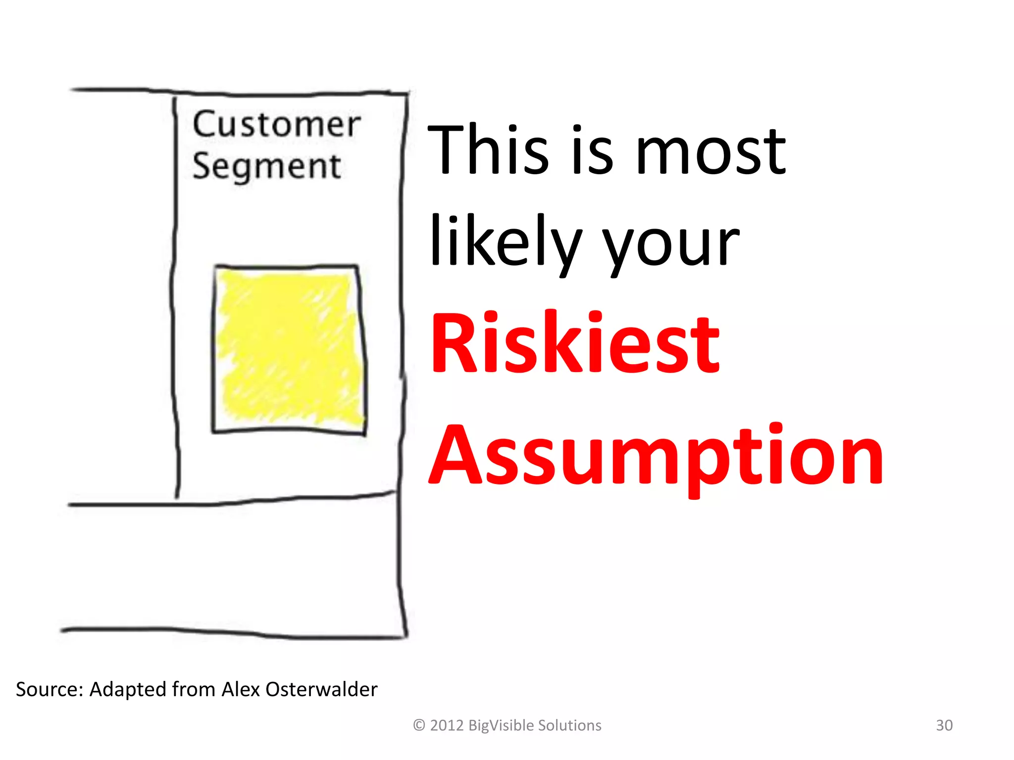 © 2012 BigVisible Solutions 30
This is most
likely your
Riskiest
Assumption
Source: Adapted from Alex Osterwalder
 