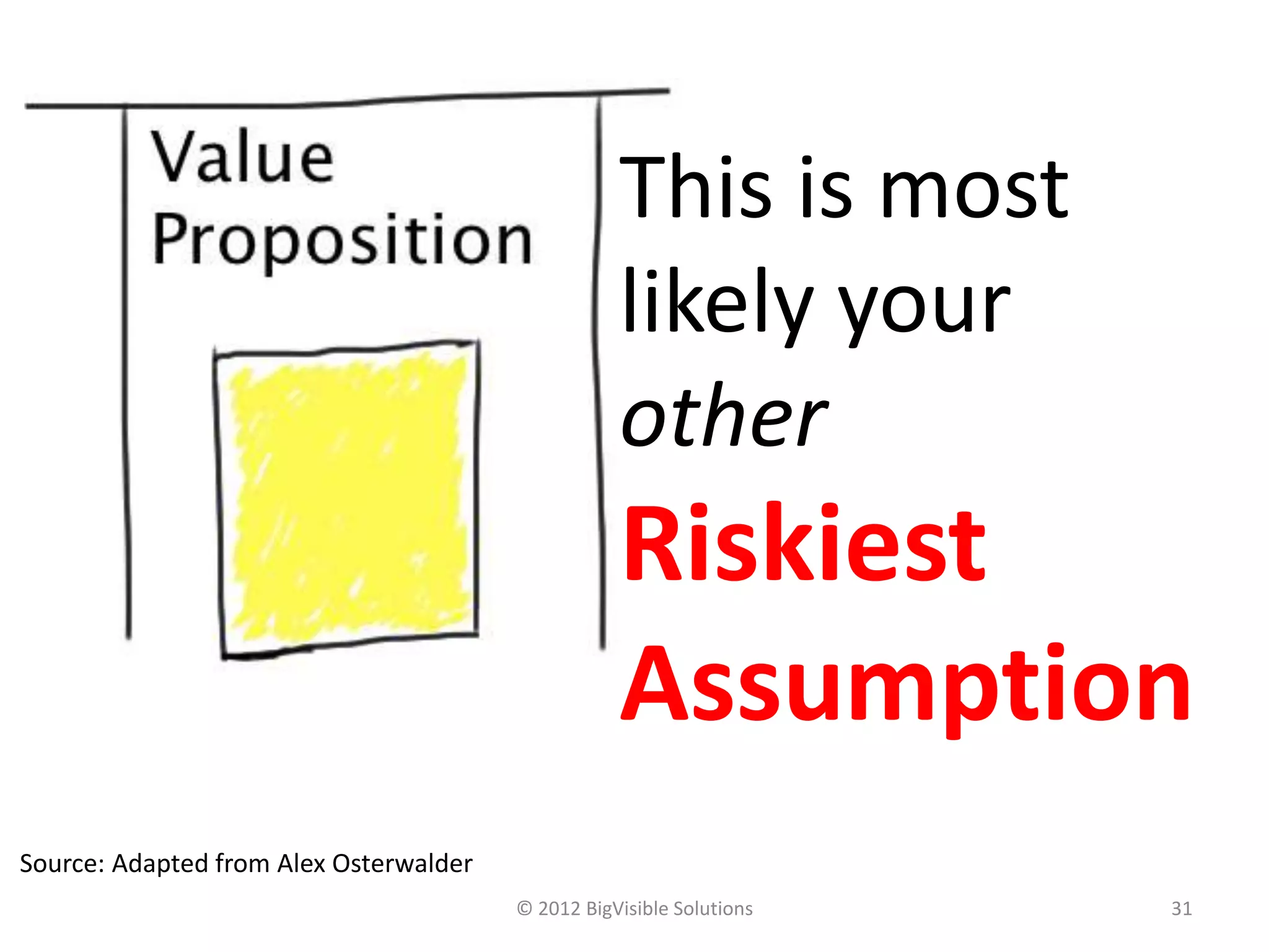 © 2012 BigVisible Solutions 31
This is most
likely your
other
Riskiest
Assumption
Source: Adapted from Alex Osterwalder
 