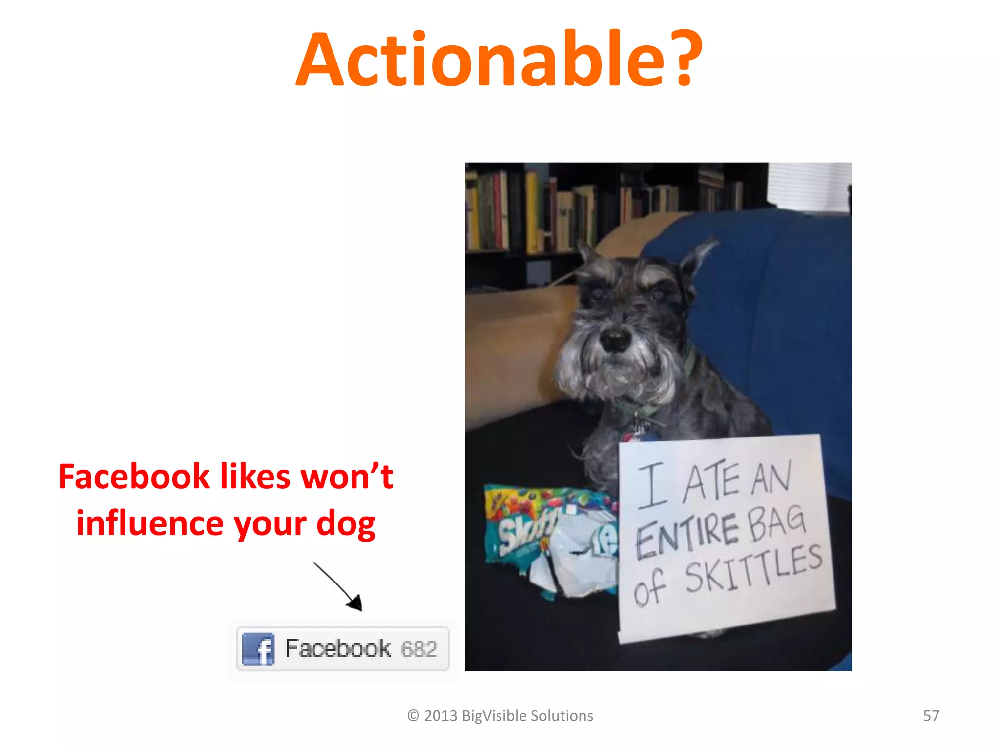 © 2013 BigVisible Solutions 57
Actionable?
Facebook likes won’t
influence your dog
 