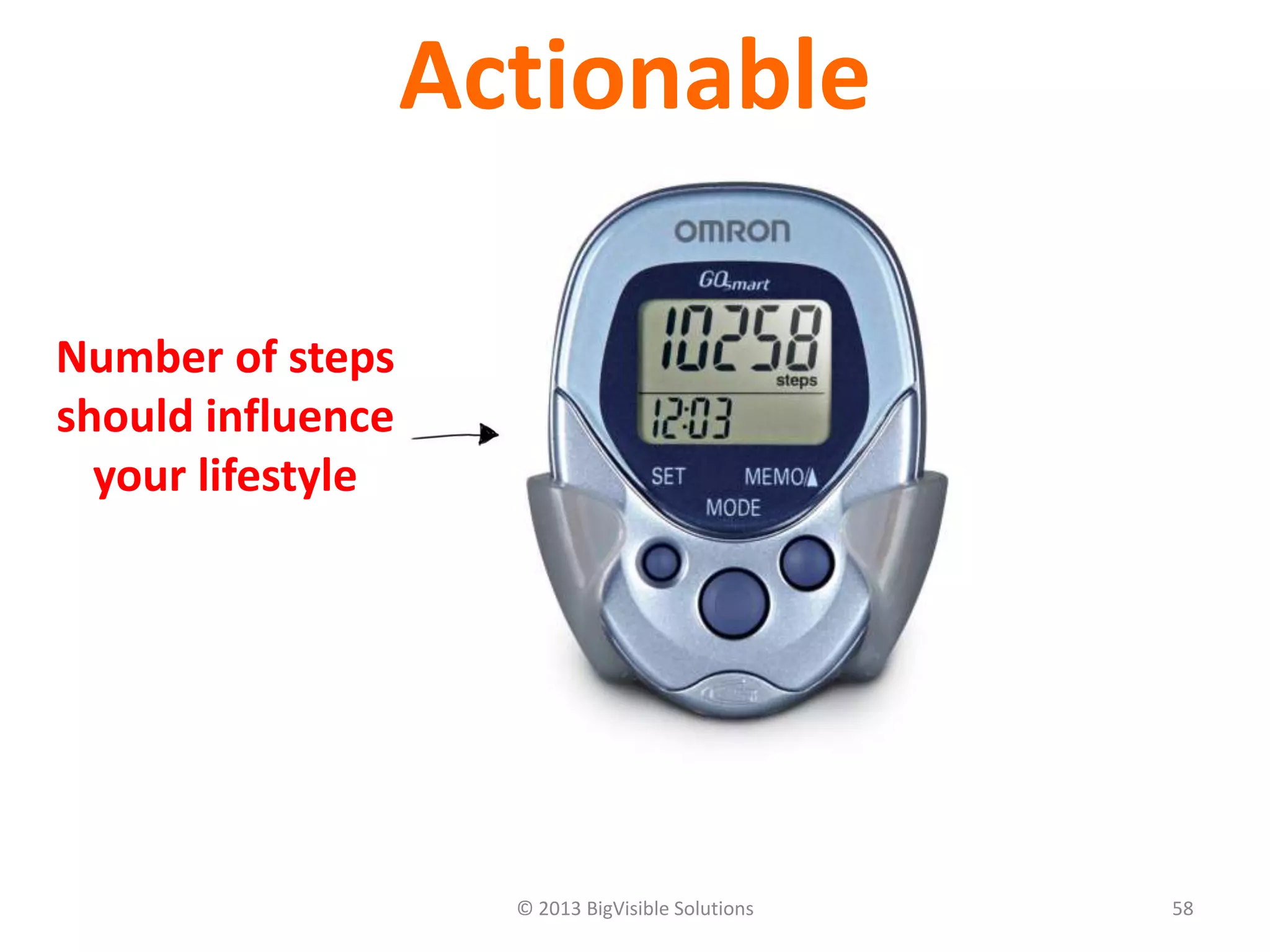 © 2013 BigVisible Solutions 58
Actionable
Number of steps
should influence
your lifestyle
 