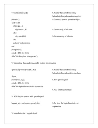 b=round(rand(1,20));

% Round the nearest uniformly
%distributed pseudo random numbers

pattern=[];

% Construct pattern generator object

for k=1:20
if b(1,k)==0
sig=zeros(1,6)

% Create array of all zeros

else
sig=ones(1,6)

% Creates array of all ones

end
pattern=[pattern sig];
end
plot(pattern);
axis([-1 130 -0.5 1.5]);
title('bitif original bit sequence');

% Generating the pseudorandom bit pattern for spreading

spread_sig=round(rand(1,120));

% Round the nearest uniformly
%distributed pseudorandom numbers

figure,
plot(spread_sig);

% Plot spread signal

axis([-1 130 -0.5 1.5]);
title('bitif pseudorandom bit sequence');
% Add title to current axis

% XOR ing the pattern with spread signal

hopped_sig=xor(pattern,spread_sig);

% Perform the logical exclusive or
%operation

% Modulating the Hopped signal

 