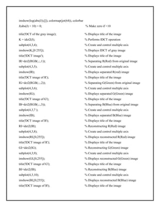 imshow(log(abs(J)),[]), colormap(jet(64)), colorbar
J(abs(J) < 10) = 0;

% Make zero if <10

title('DCT of the gray image);

% Displays title of the image

K = idct2(J);

% Performs IDCT operation

subplot(4,3,4);

% Create and control multiple axis

imshow(K,[0 255]);

% Displays IDCT of gray image

title('IDCT image');

% Displays title of the image

IR=dct2(RGB(:,:,1));

% Separating R(Red) from original image

subplot(4,3,5);

% Create and control multiple axis

imshow(IR);

% Displays separated R(red) image

title('DCT image of R');

% Displays title of the image

IG=dct2(RGB(:,:,2));

% Separating G(Green) from original image

subplot(4,3,6);

% Create and control multiple axis

imshow(IG);

% Displays separated G(Green) image

title('DCT image of G');

% Displays title of the image

IB=dct2(RGB(:,:,3));

% Separating B(Blue) from original image

subplot(4,3,7 );

% Create and control multiple axis

imshow(IB);

% Displays separated B(Blue) image

title('DCT image of B');

% Displays title of the image

RI=idct2(IR);

% Reconstructing R(Red) image

subplot(4,3,8);

% Create and control multiple axis

imshow(RI,[0,255]);

% Displays reconstructed R(Red) image

title('IDCT image of R');

% Displays title of the image

GI=idct2(IG);

% Reconstructing G(Green) image

subplot(4,3,9);

% Create and control multiple axis

imshow(GI,[0,255]);

% Displays reconstructed G(Green) image

title('IDCT image of G');

% Displays title of the image

BI=idct2(IB);

% Reconstructing B(Blue) image

subplot(4,3,10);

% Create and control multiple axis

imshow(BI,[0,255]);

% Displays reconstructed B(Blue) image

title('IDCT image of B');

% Displays title of the image

 
